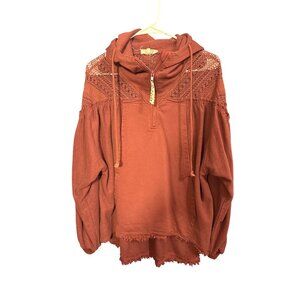 Rust Red Crochet Detail Hooded Pullover With Half-Zip & Frayed Hemline By Gimmic